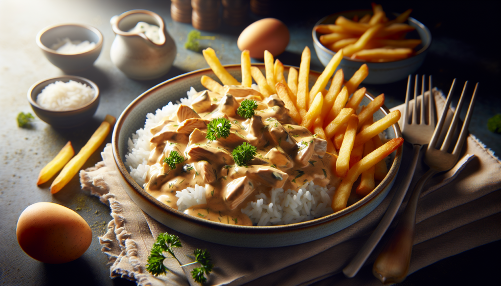 Receita de strogonoff de frango pronta servida em prato branco com arroz e batata palha