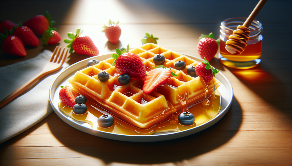 Waffle dourado e crocante servido com frutas e mel