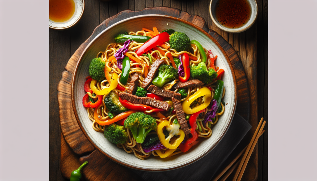 Prato de yakisoba pronto com legumes coloridos e tiras de carne