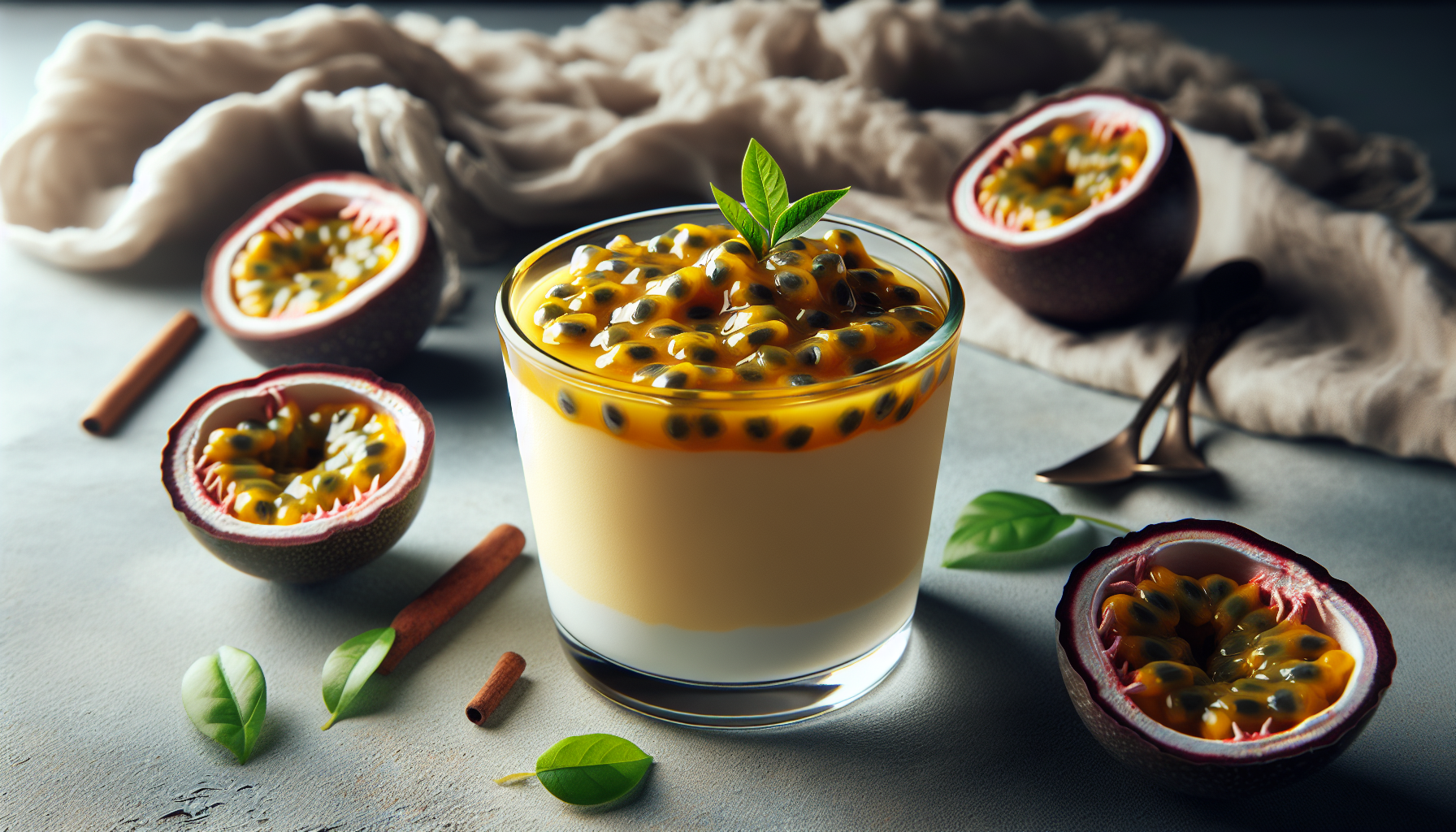 Mousse de maracujá cremoso em taça transparente decorado com polpa de maracujá