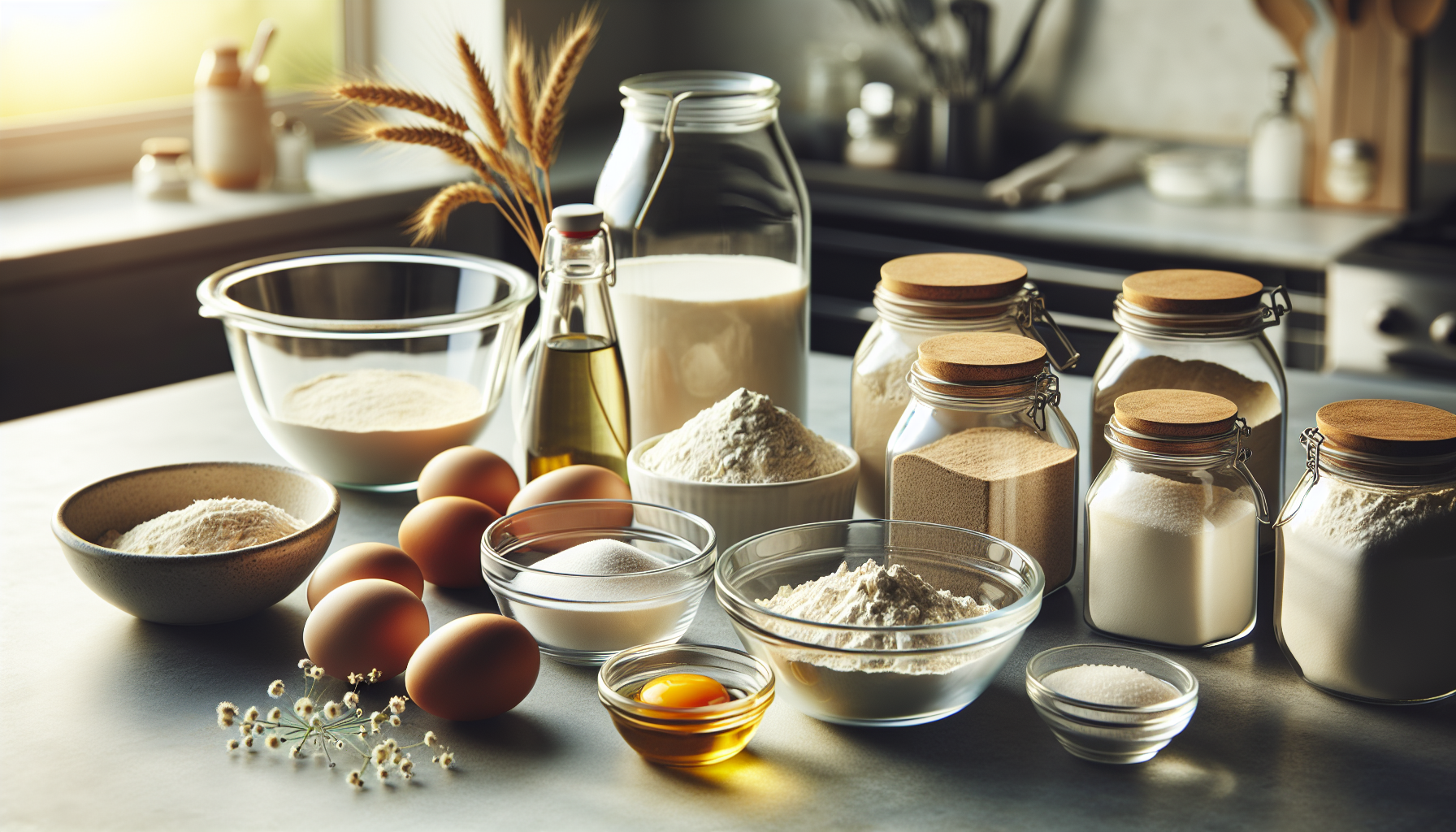 Ingredientes para receita de pão caseiro em tigelas e potes
