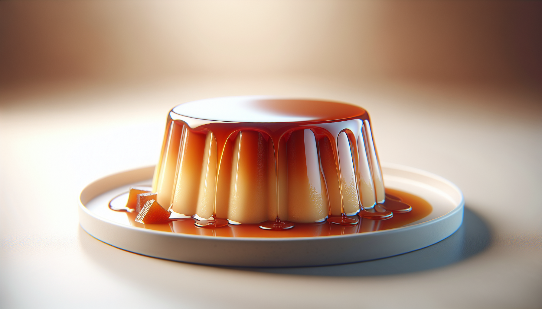Pudim tradicional pronto servido em prato branco com calda de caramelo