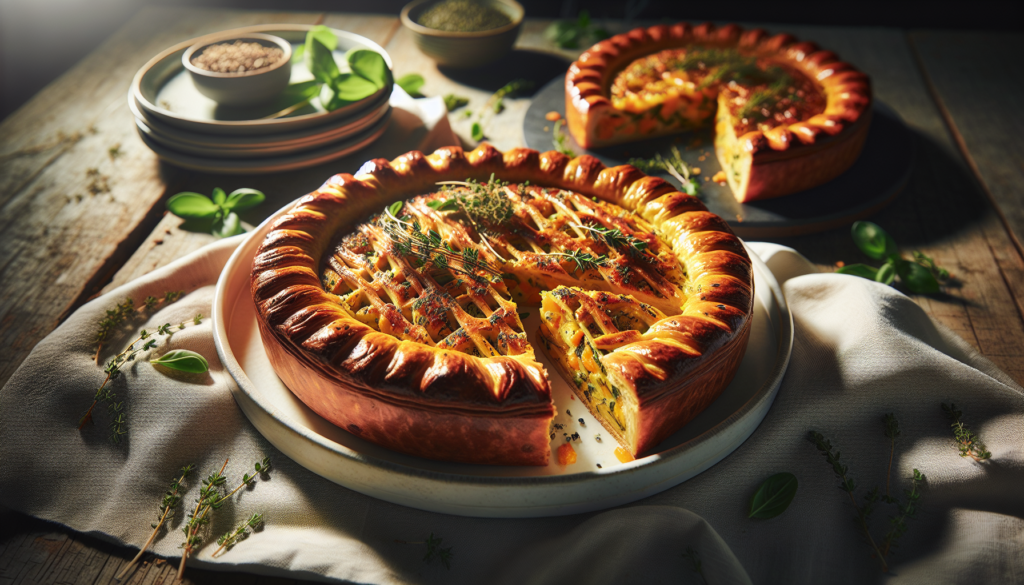 Torta salgada pronta, dourada e fatiada em prato branco