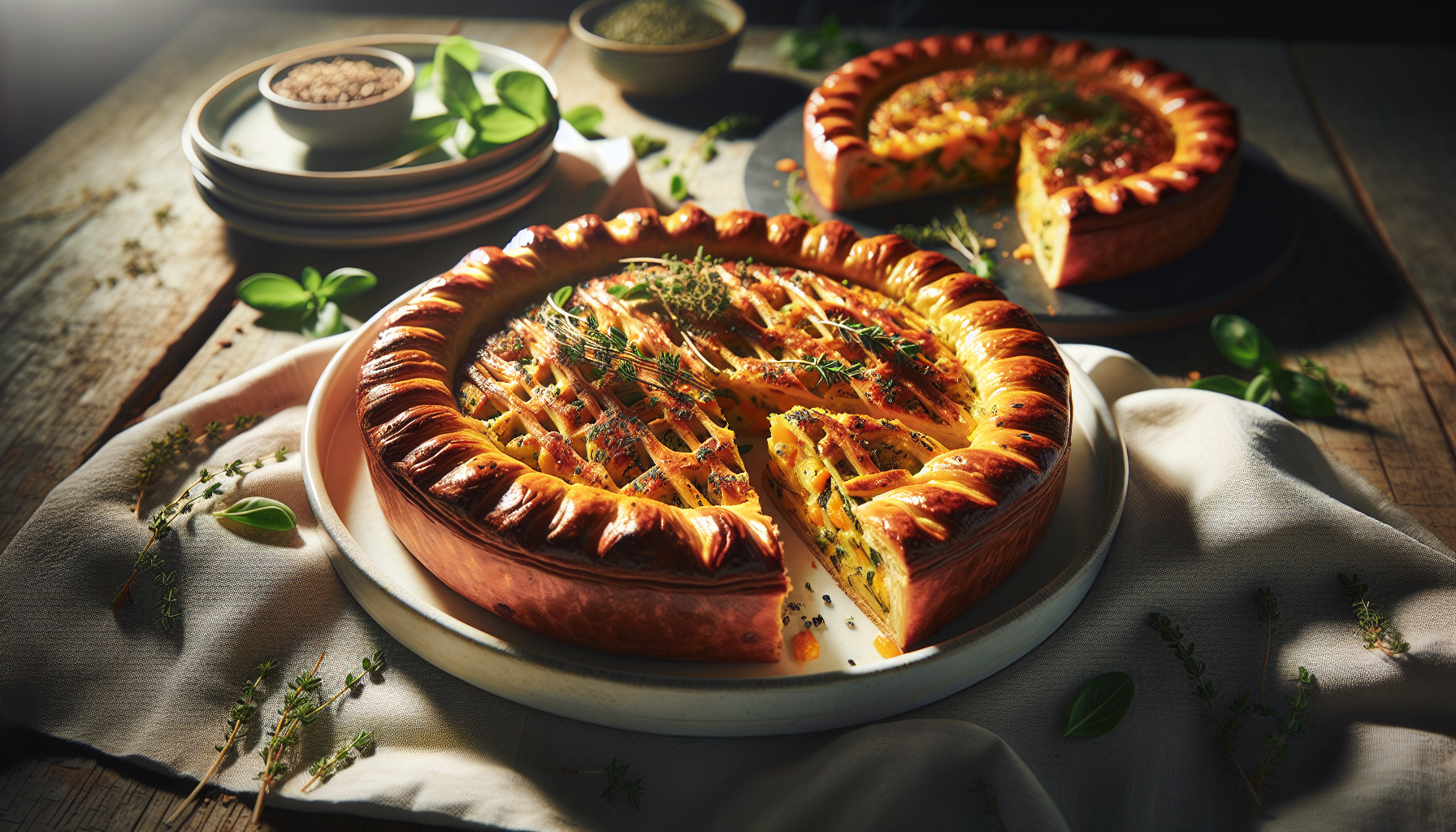 Torta salgada pronta, dourada e fatiada em prato branco