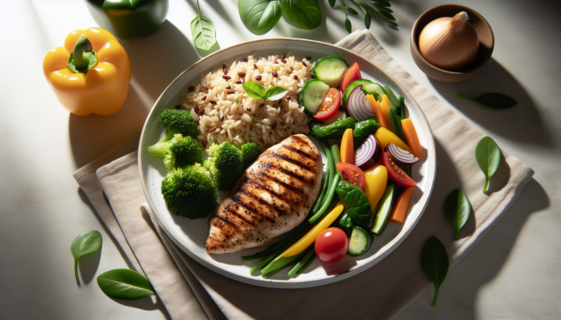 Prato nutritivo para grávidas com legumes, arroz integral e frango grelhado