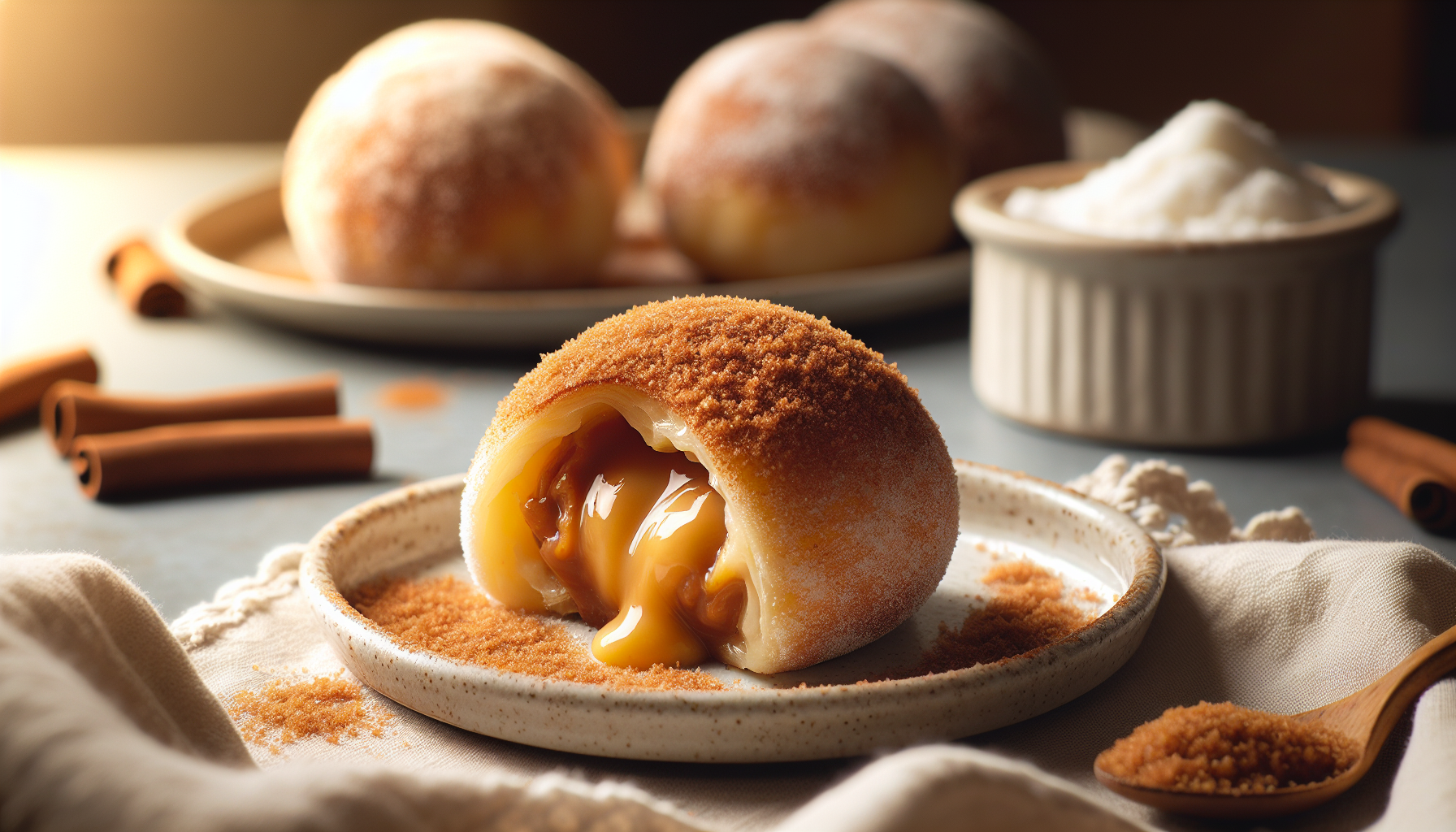 Variante de bolinho de chuva recheado com doce de leite, servido com canela e açúcar