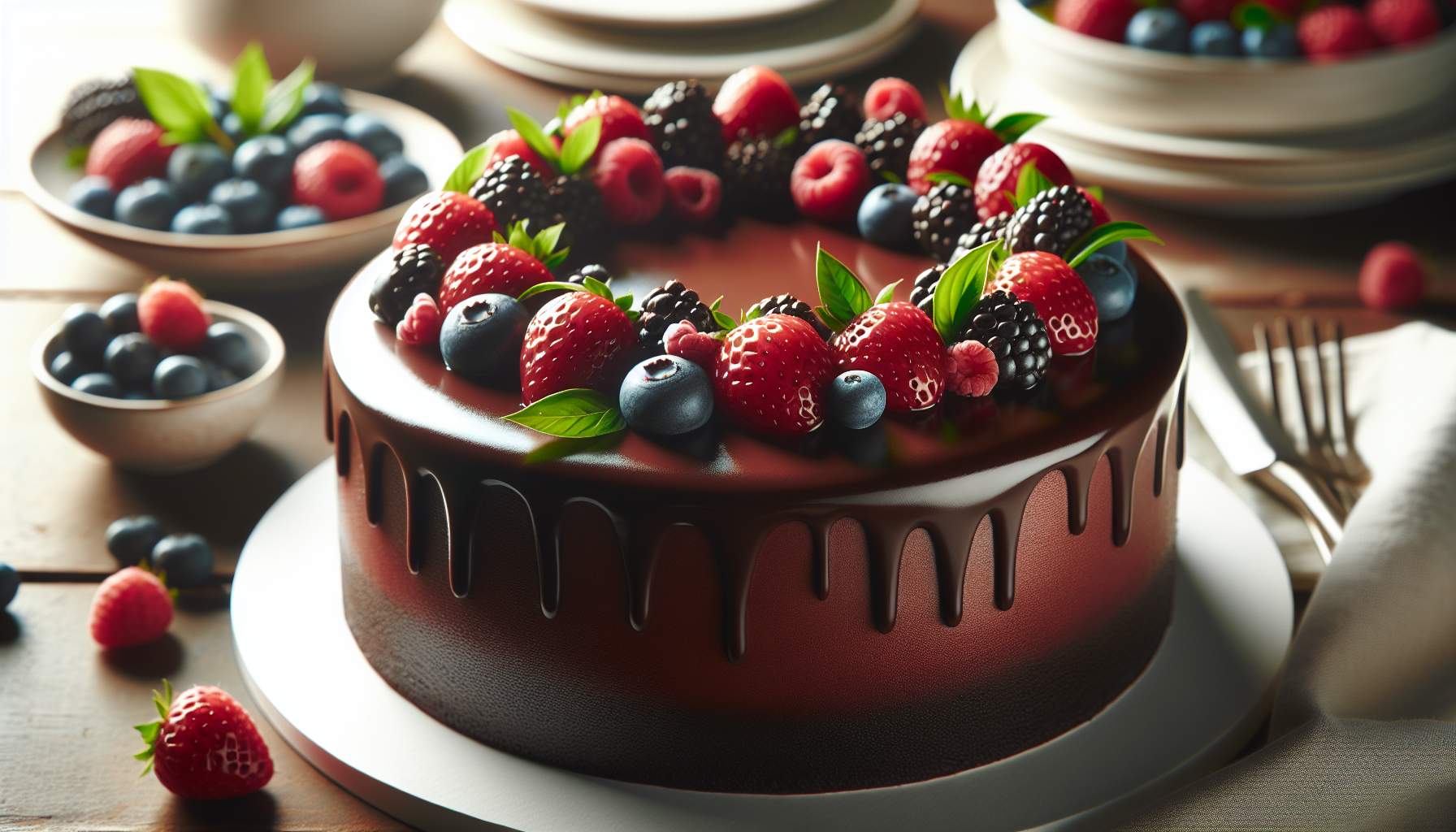 variação de receita de bolo de chocolate decorado com cobertura e frutas