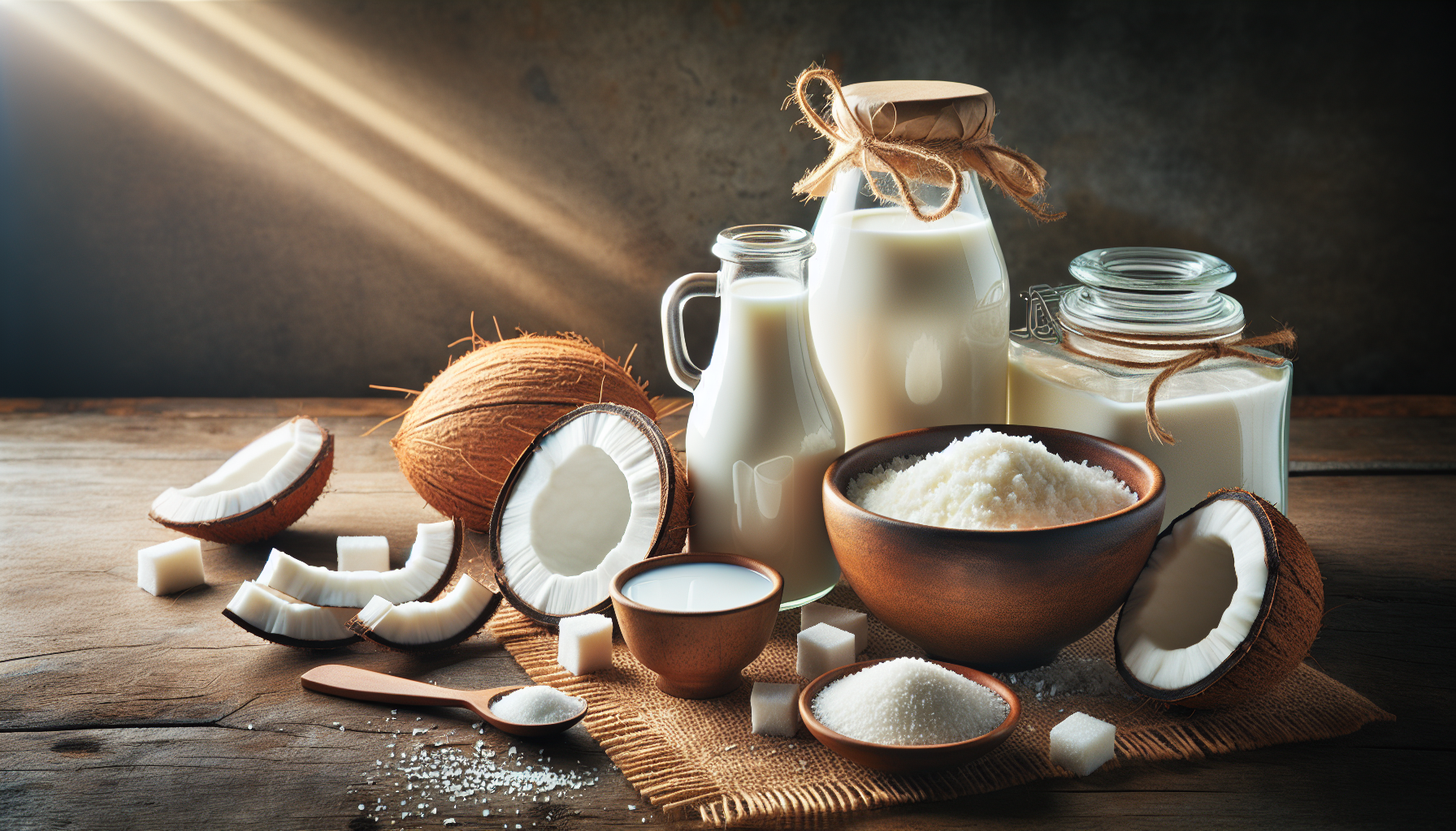 Ingredientes frescos para manjar de coco: leite, leite de coco, açúcar, amido de milho e coco ralado