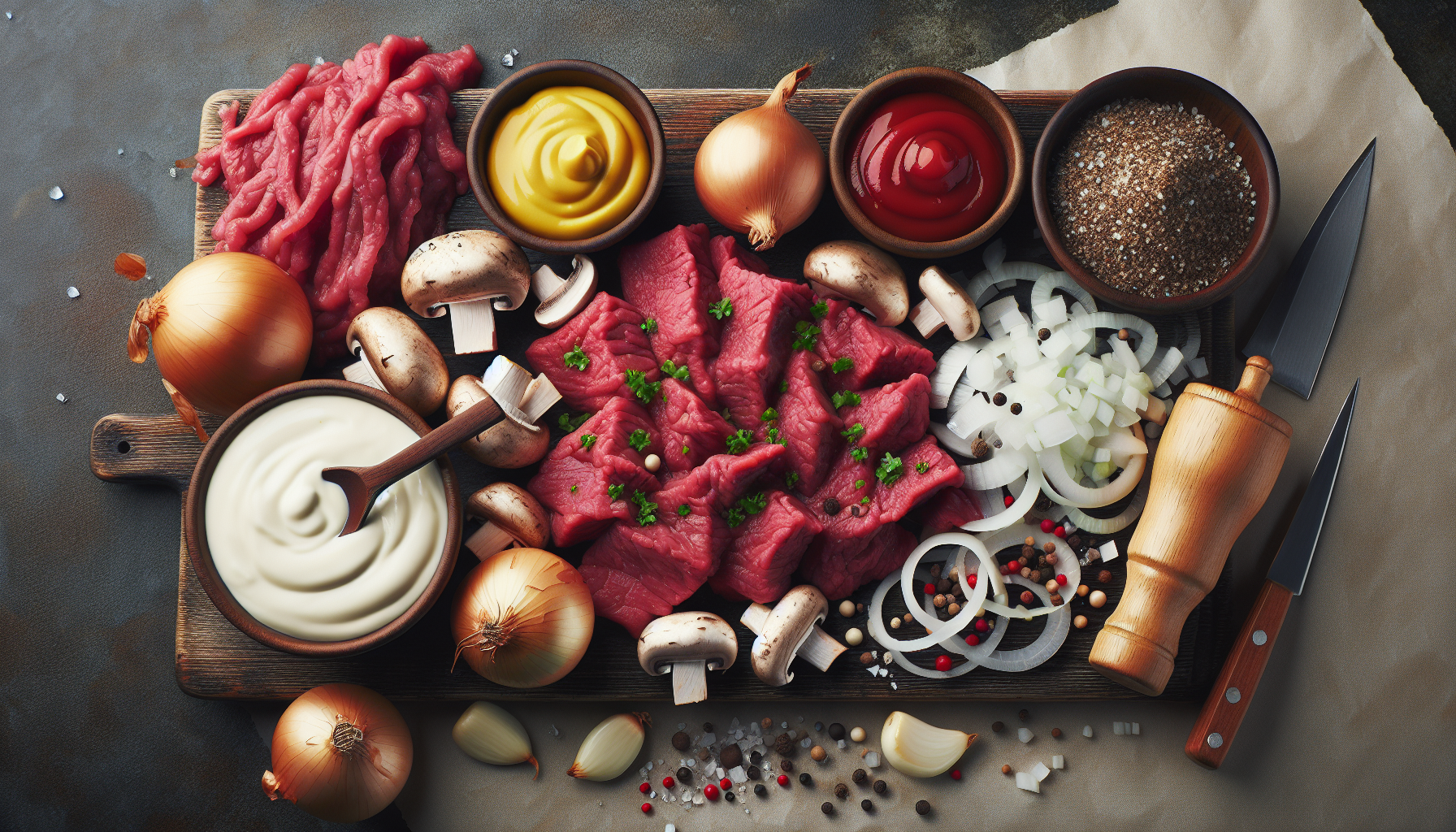 Close-up dos ingredientes frescos para receita de estrogonofe de carne