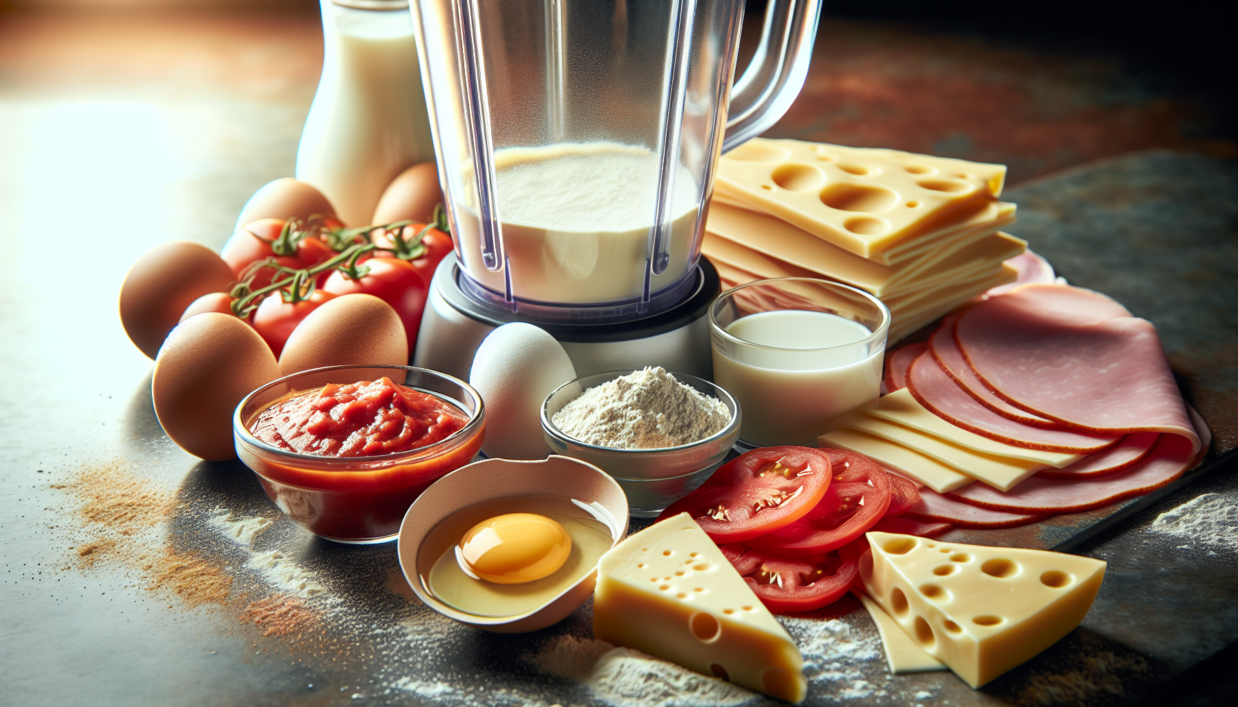 Ingredientes frescos para receita de pizza de liquidificador em close-up