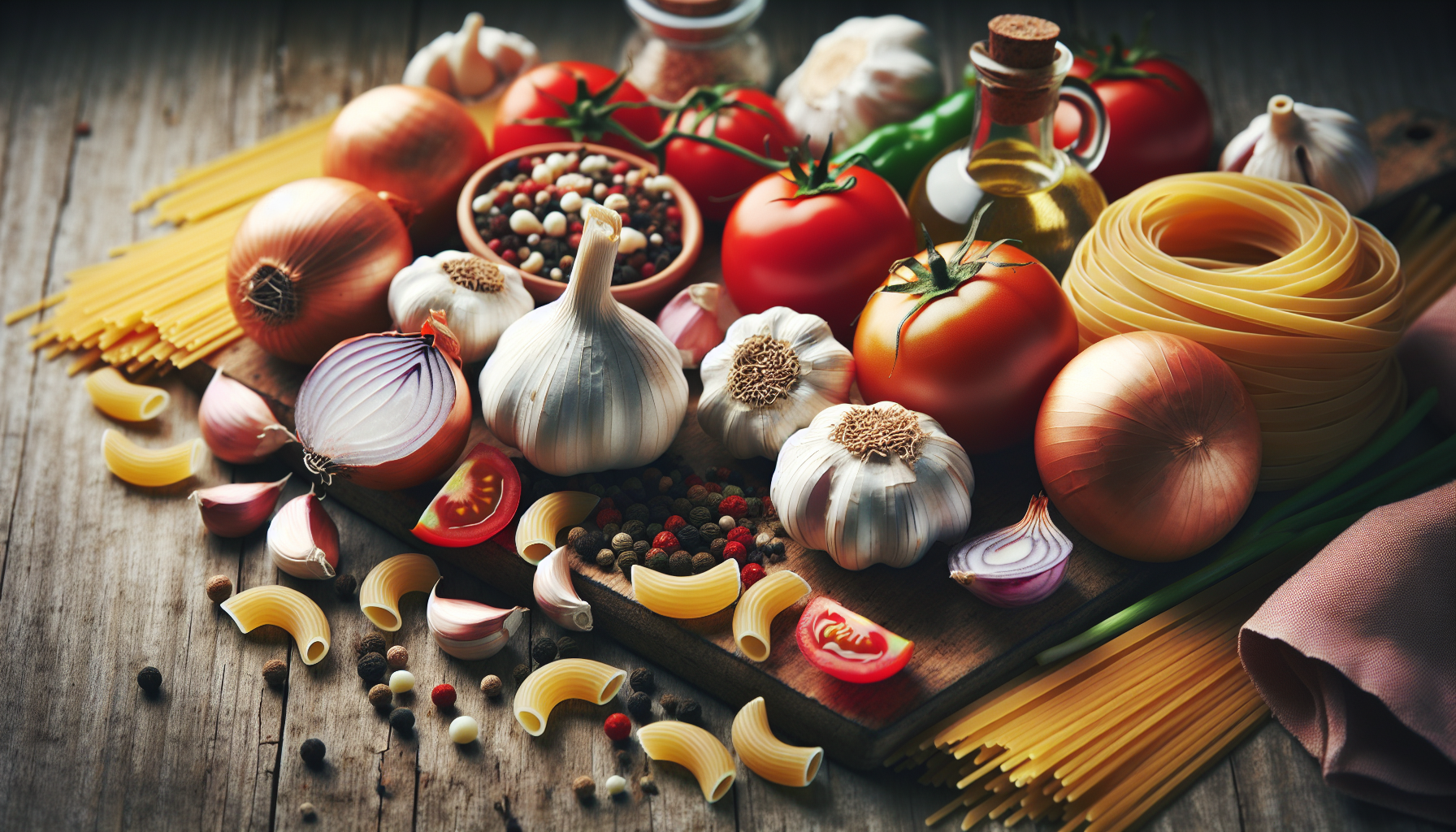 Ingredientes frescos para receita de macarrão, incluindo alho, cebola, tomates e macarrão cru