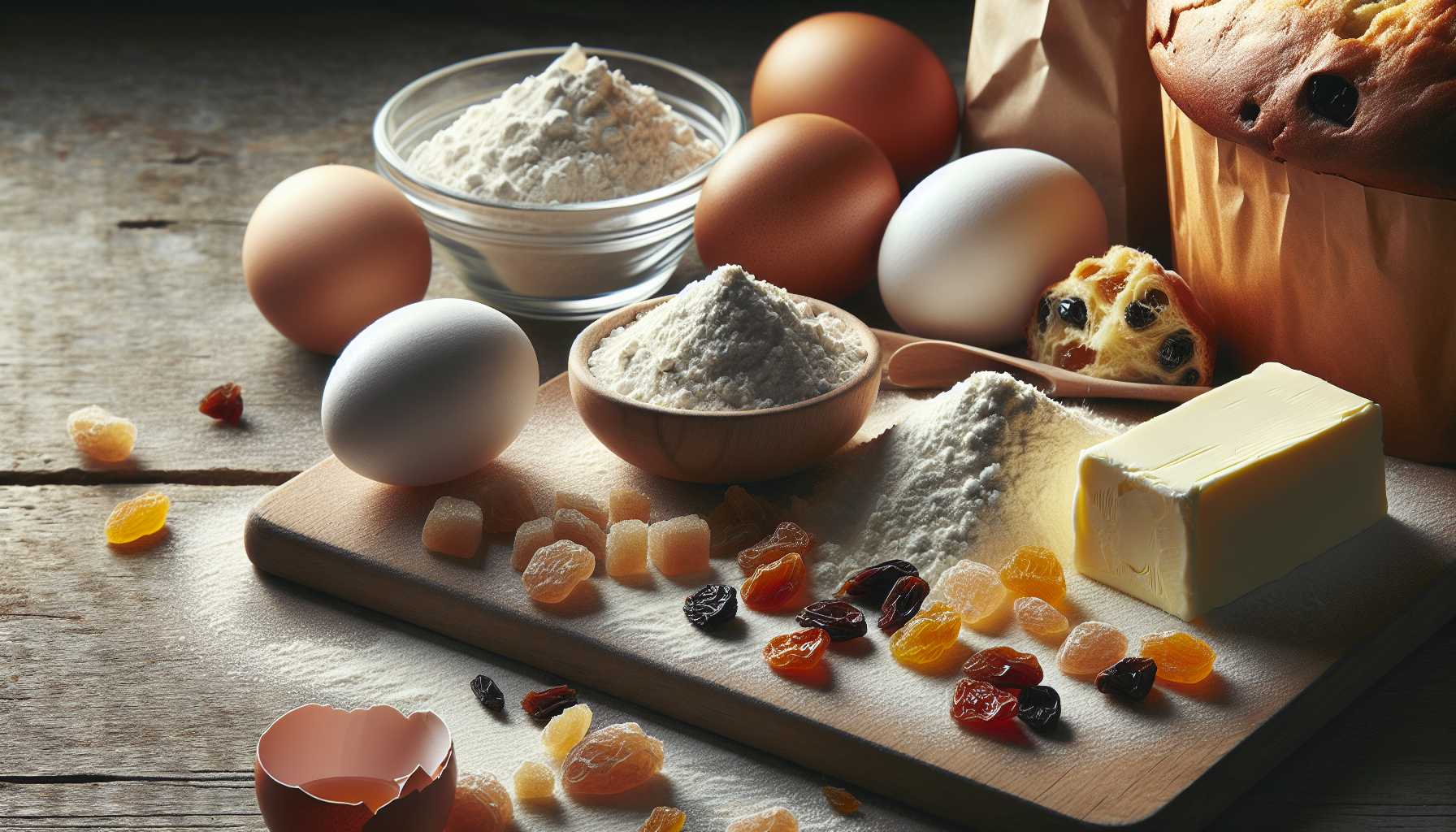Close-up dos ingredientes para receita de panetone caseiro