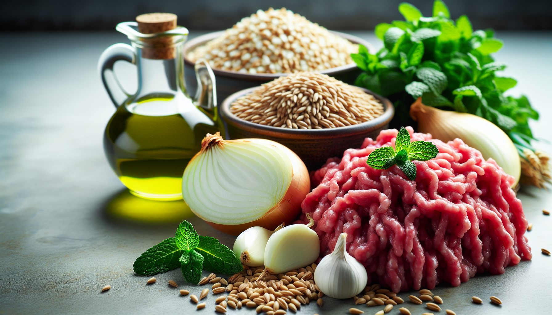 Ingredientes frescos para receita de quibe tradicional em close-up