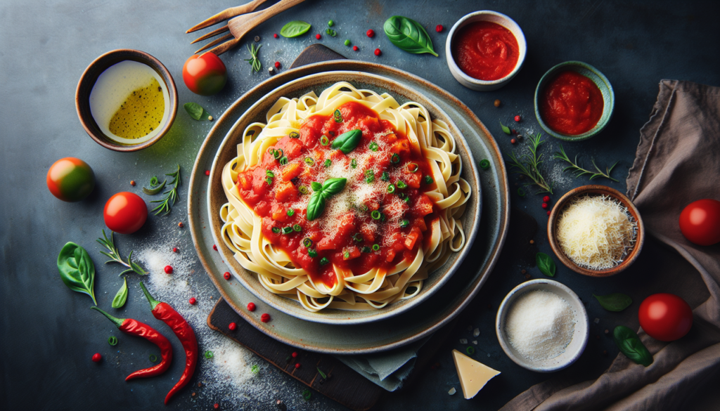 Prato de receita de macarrão fácil e rápida servido com molho e queijo ralado