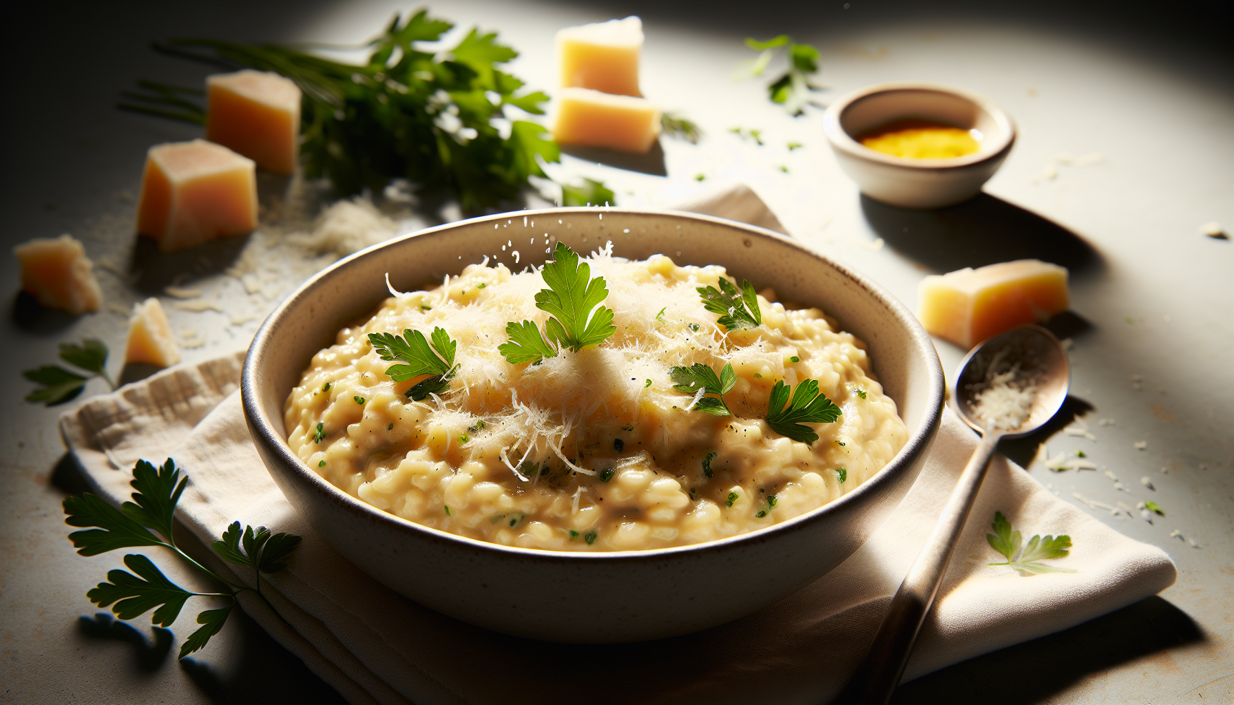Prato de risoto cremoso servido em tigela branca