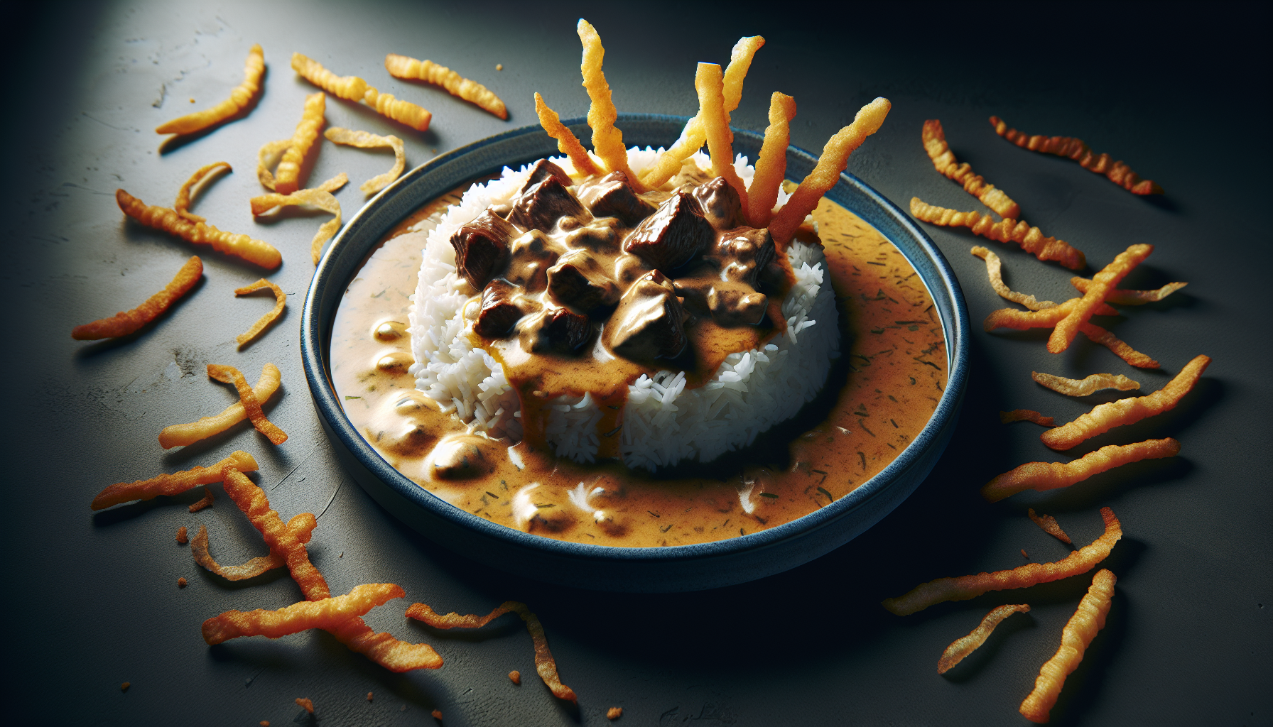Estrogonofe de carne pronto servido com arroz branco e batata palha
