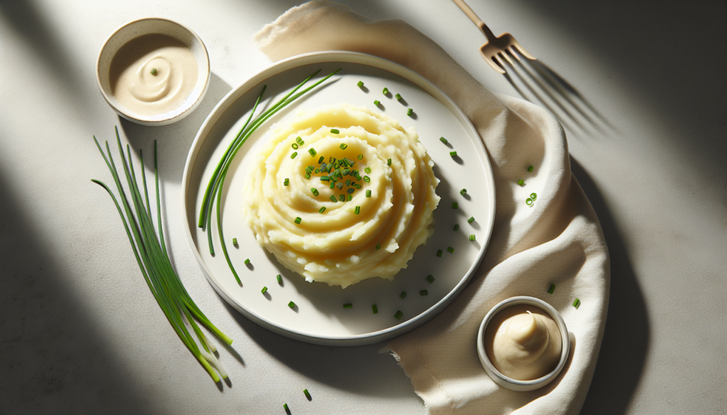 Purê de batata cremoso servido em prato branco com cebolinha picada