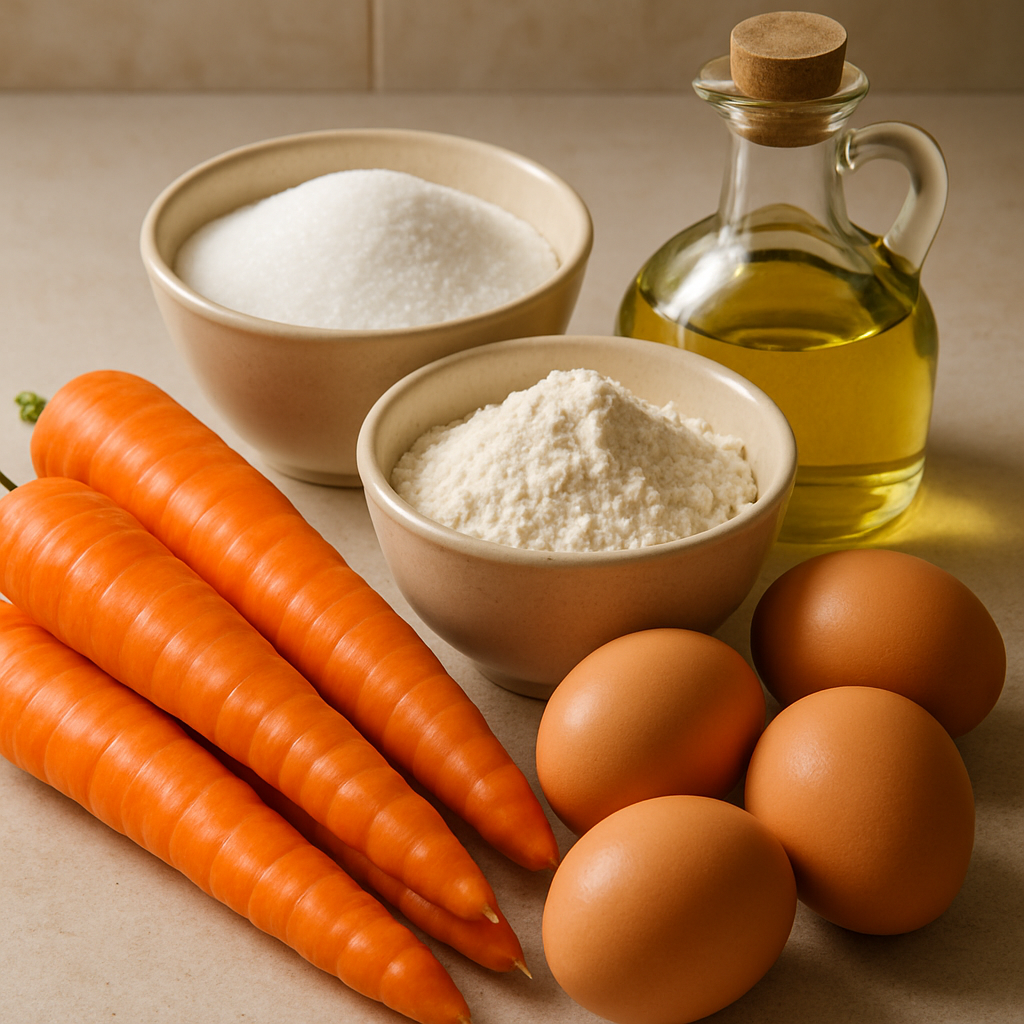 Ingredientes frescos para bolo de cenoura fofinho